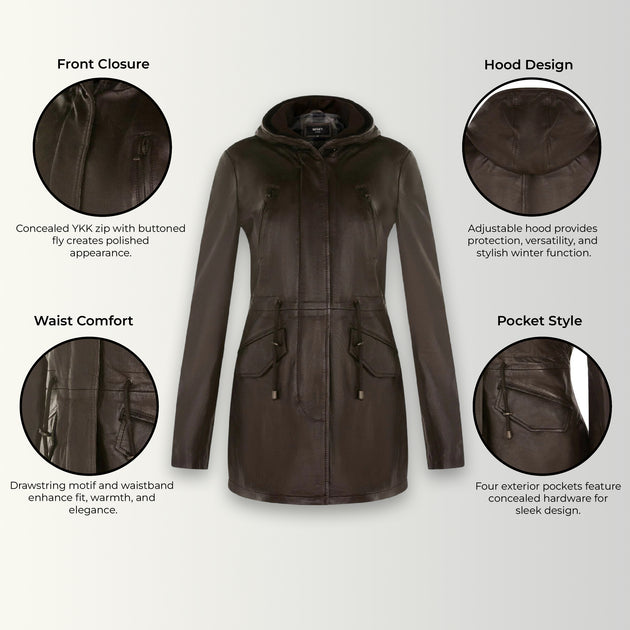  Infinity Women Hooded Parka Jacket Brown Leather US 16 4