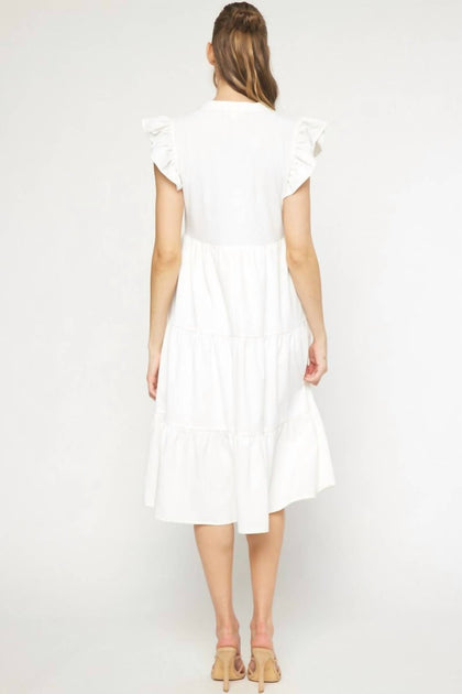 Entro Ruffled Pocket Tiered Midi Dress White Small 3