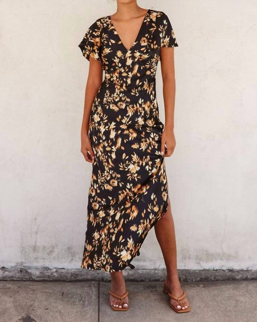 DRESS FORUM Flutter Sleeve Maxi Dress In Gold/black Floral Print