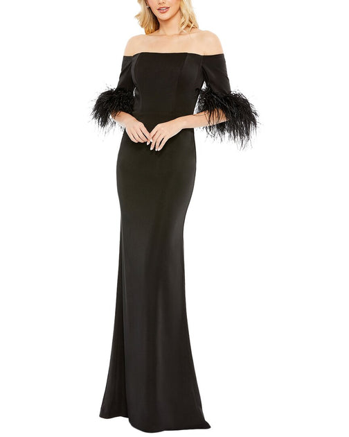 Mac Duggal Feather Trim Column Gown, Black / 6