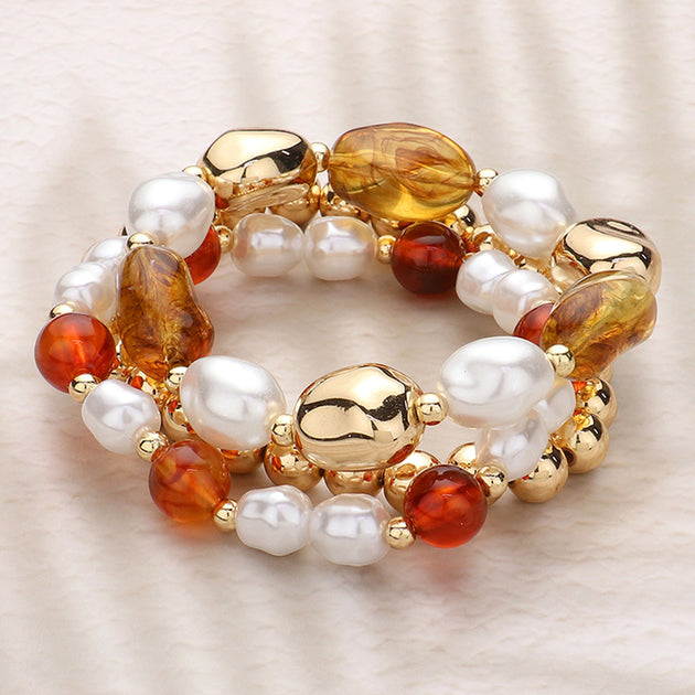 FASHNZFAB Multi Layered Beaded Stretch Bracelet Brown Gold Silver 2