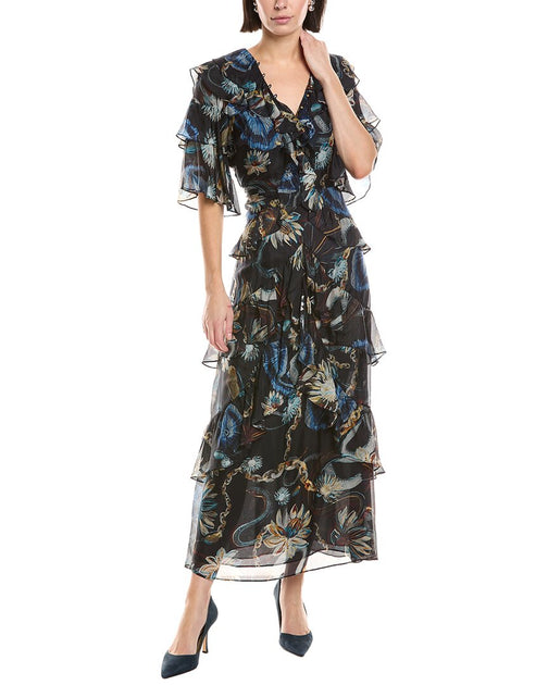 Marchesa Notte Printed Silk-Blend Ruffle Midi Dress Black US 8 2