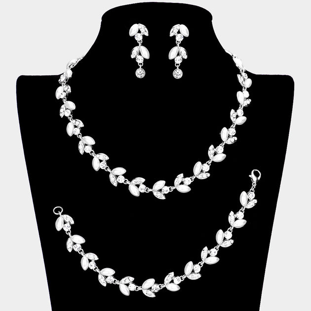FASHNZFAB 3PCS Crystal Pearl Leaf Cluster Necklace Set Black 5