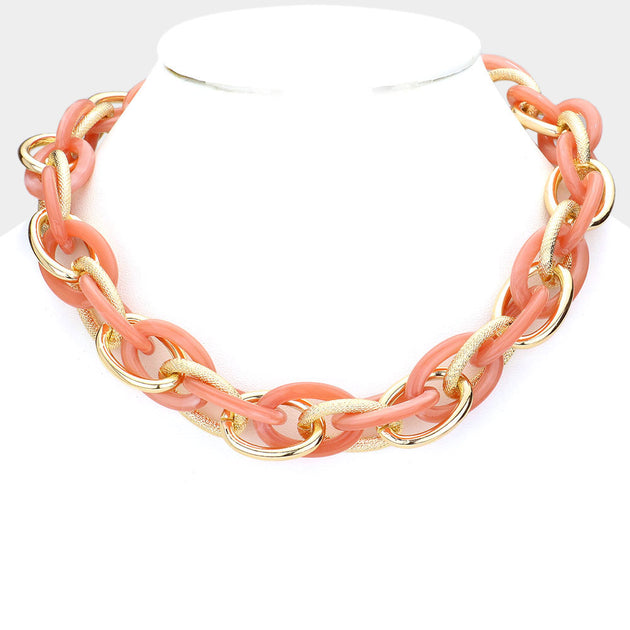 FASHNZFAB Resin Metal Open Oval Link Necklace Gold One Size 2