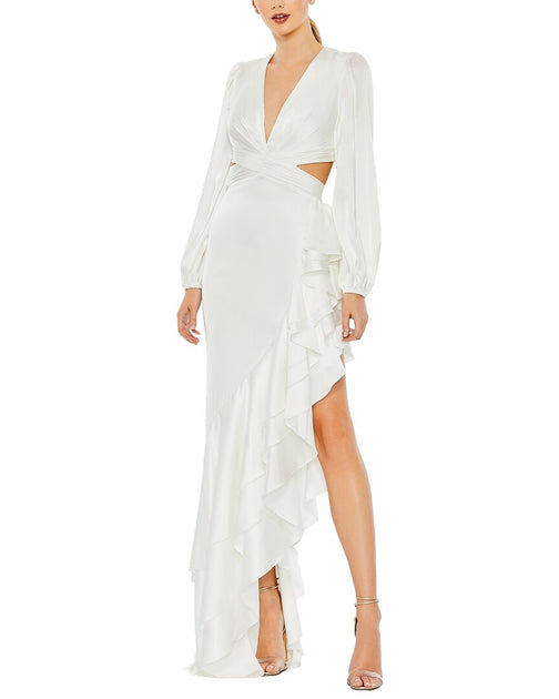 ruffle asymmetric sheath dress mac duggal Ieena for Cut Out Asymmetrical Ruffled Gown White Size 0 Reimagining a classic Aje layla Color:Pic Color-1 Radiate with undeniable allure