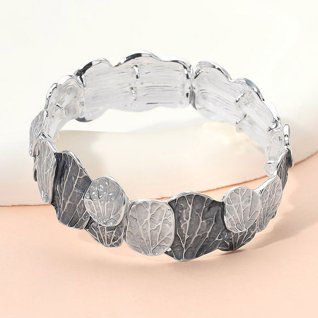 FASHNZFAB Leaf Motif Stretch Bracelet Gray Silver 2