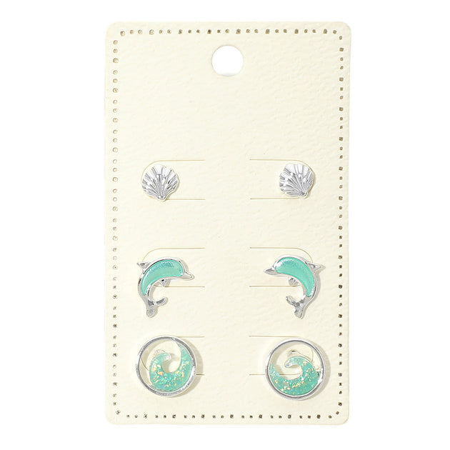 FASHNZFAB 3Pairs Ocean Theme Stud Earring Set Silver 3