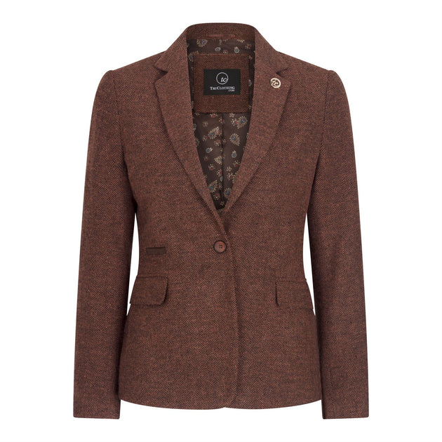 Infinity Women's Herringbone Wool Tweed Blazer Rust Brown US 10 2