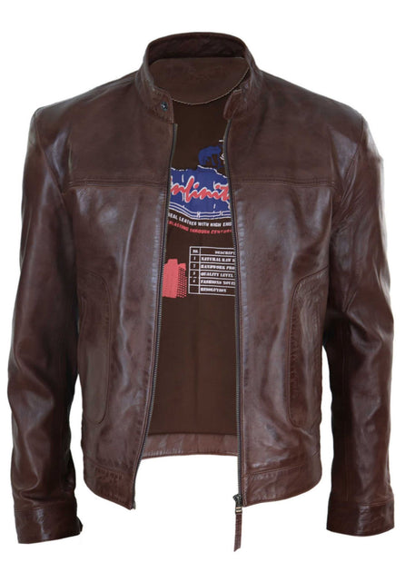 TruClothing Classic Leather Biker Jacket Collarless Brown Small 4
