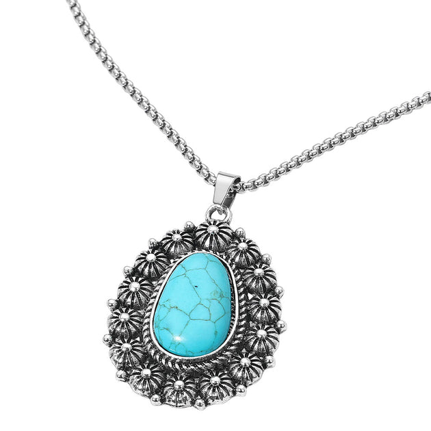 FASHNZFAB Vintage Floral Trim Oval Stone Pendant Necklace Antique Silver Turquoise Blue One Size 3