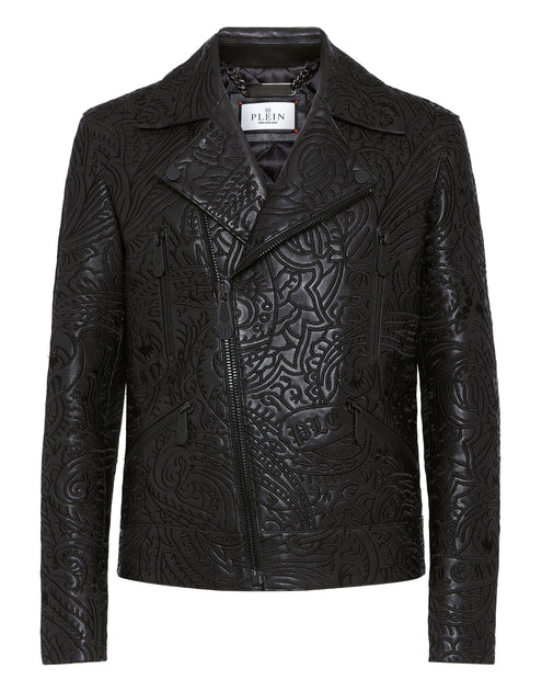 Philipp Plein Leather Biker Jacket Paisley Black Small 2