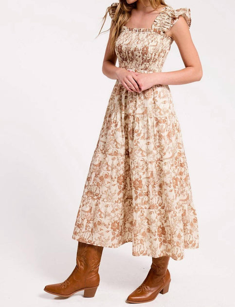 Ultramarine Rainey Smocked Toile Midi Dress Beige Large 3