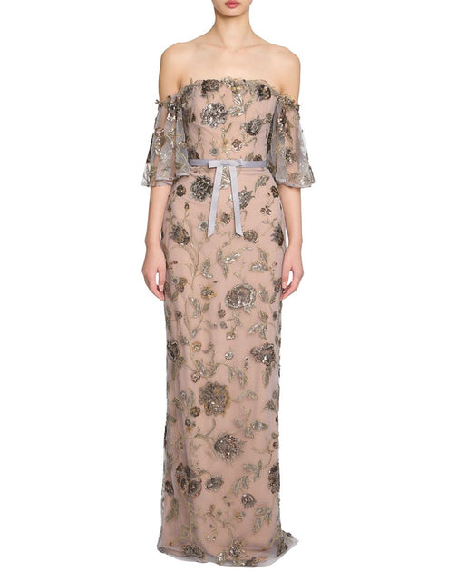 Marchesa Notte Off The Shoulder Beaded Illusion Column Dress