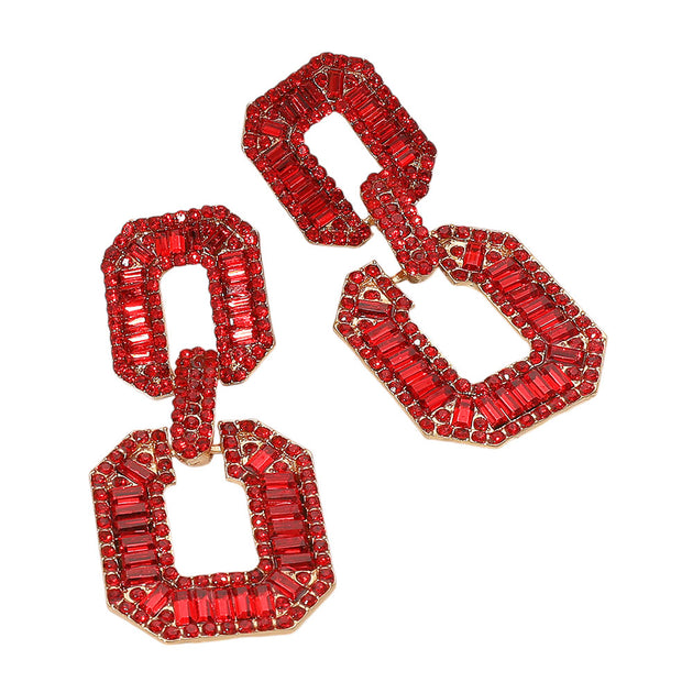 FASHNZFAB Geometric Baguette Stone Door Knocker Earrings Black 3