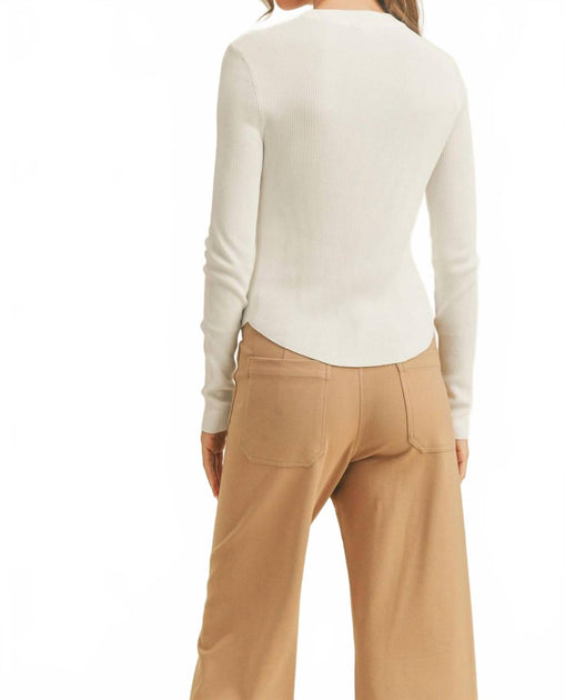 MIOU MUSE Ribbed Mock Neck Top Beige Large 3