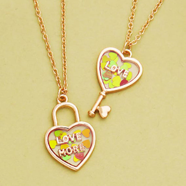 FASHNZFAB Love & Love More BFF Heart Lock Key Necklace Set Silver 3