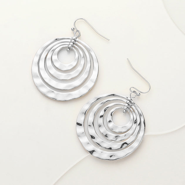 FASHNZFAB Hammered Metal Concentric Circle Dangle Earrings Silver 3