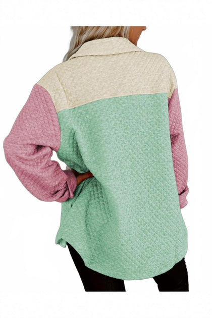 Pretty Bash Colorblock Button Front Quilted Shacket Beige Large 3