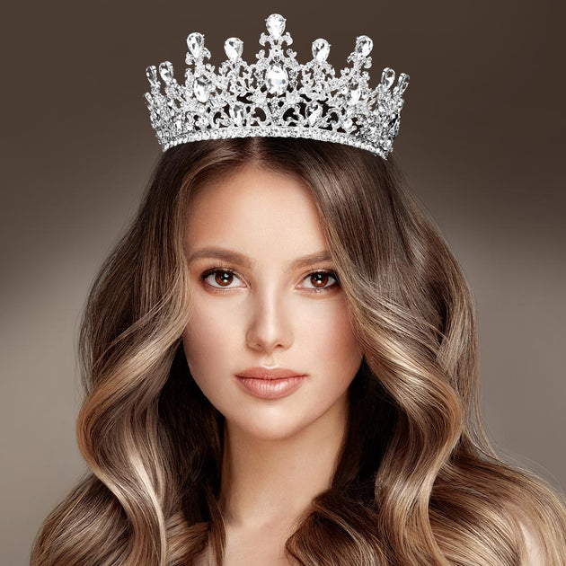 FASHNZFAB Round Teardrop Stone Accented Princess Tiara Silver 3