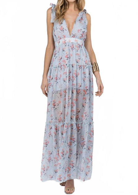 fanco Floral Deep V-Neck Maxi Dress Blue/Pink Large 4