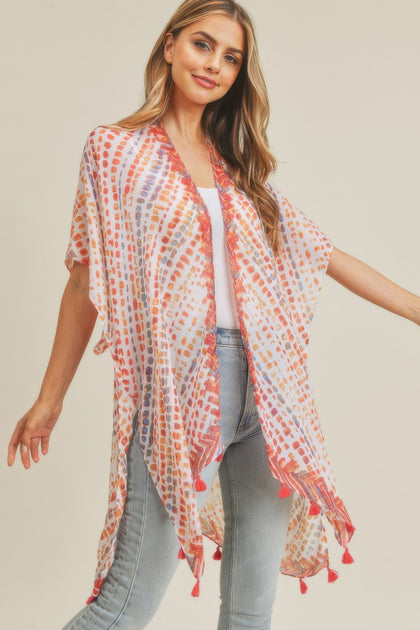 TRUEDAMES Multi Dash Pattern Tassel Kimono Beige One Size 4