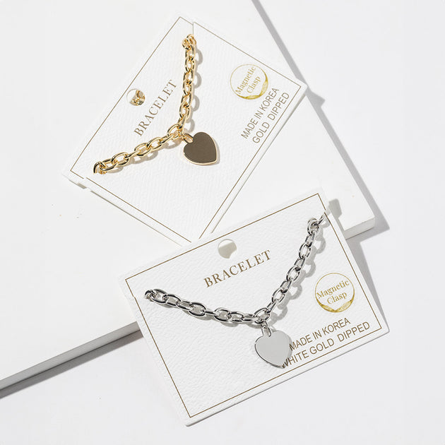 FASHNZFAB Heart Charm Link Chain Bracelet White Gold One Size 4