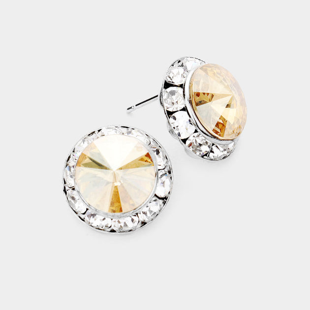FASHNZFAB Rivoli Cut Genuine Crystal Round Stud Earrings Gold 2