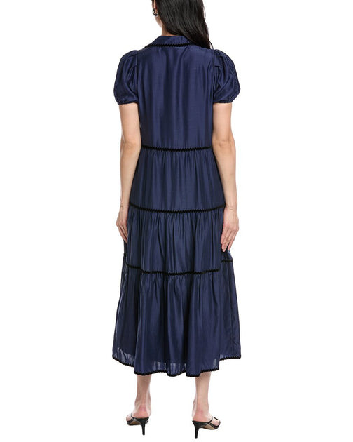 Sail to Sable Button Front Silk-Blend Maxi Shirt Dress Navy XSmall 3