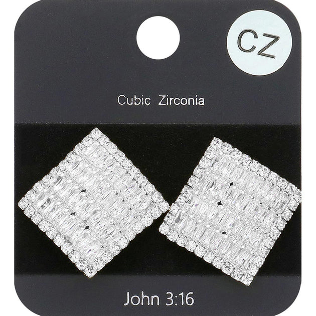 FASHNZFAB Curved Square Stud Earrings Clear Silver 3
