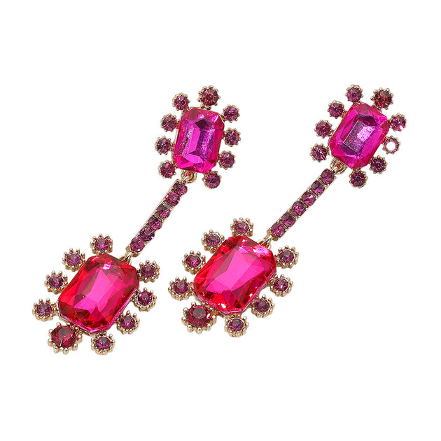 FASHNZFAB Double Emerald Cut Stone Accented Dangle Earrings Purple 3