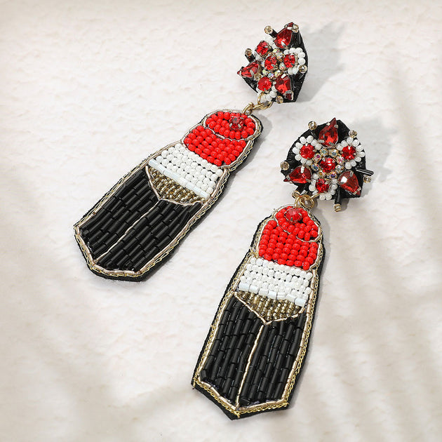 FASHNZFAB Seed Beaded Lipstick Dangle Earrings Silver 3