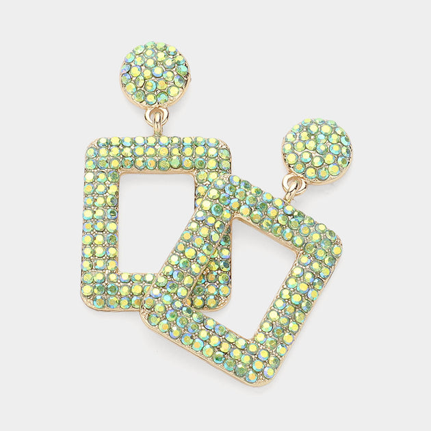 FASHNZFAB Rhinestone Paved Open Square Dangle Earrings Gold Green 3