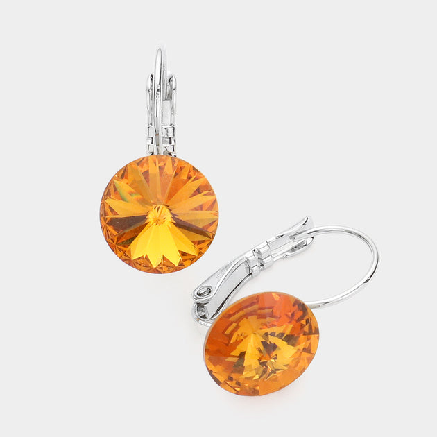 FASHNZFAB Round Crystal Lever Back Earrings Topaz Orange 2