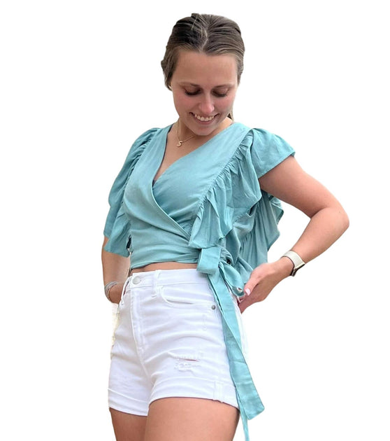 GLAM Wink Tie Side Ruffle Trim Crop Top Blue Small 5