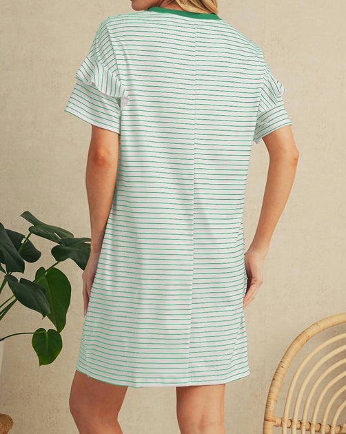 Shewin Stripe Ruffle T-Shirt Mini Dress Green Large 4