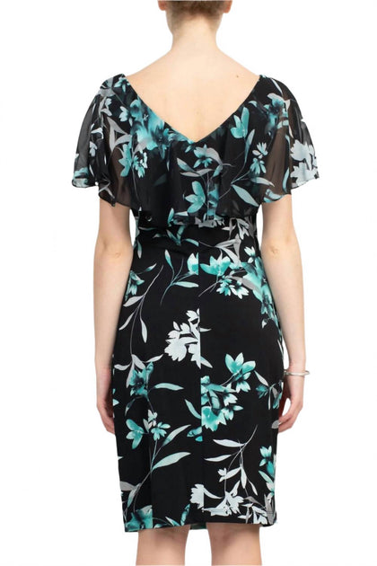 Connected Apparel V-Ausschnitt Floral Print Ity Kleid Schwarz US 4 4