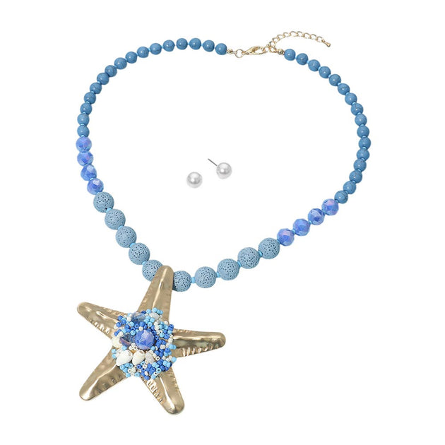 FASHNZFAB Starfish Pendant Beaded Statement Necklace Blue One Size 3