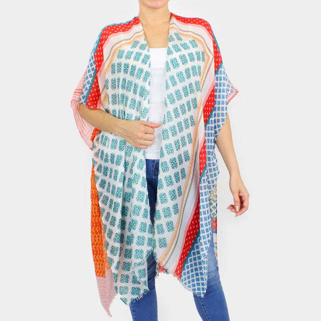 TRUEDAMES Patchwork Printed Cover Up Kimono Poncho Orange One Size 2