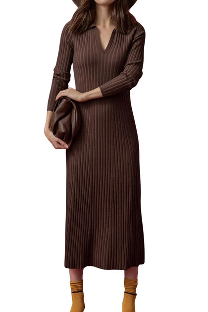 Lilla P Long Sleeve Rib Henley Midi Dress Brown Small 2