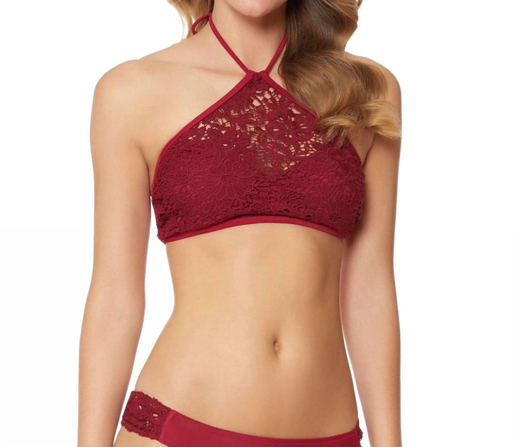 Jessica Simpson Flower Power Crochet Halter Bikini Top Red Medium 2