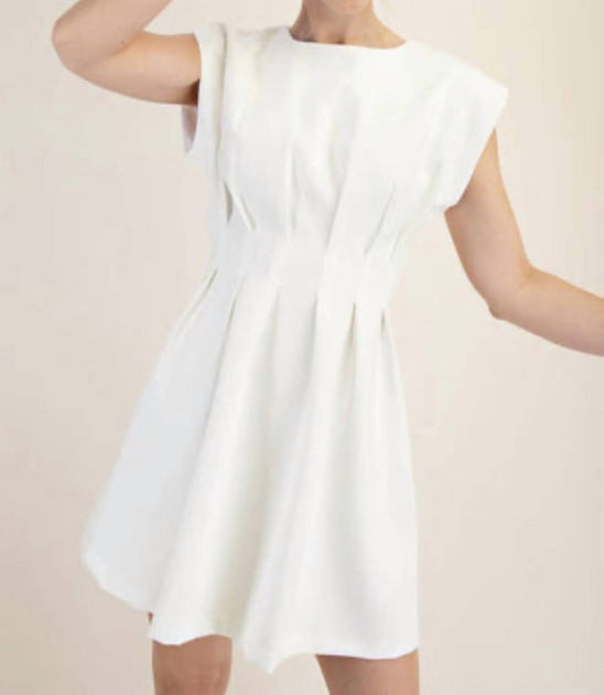 GLAM Round Neck Waist Pleated Mini Dress White Small 2