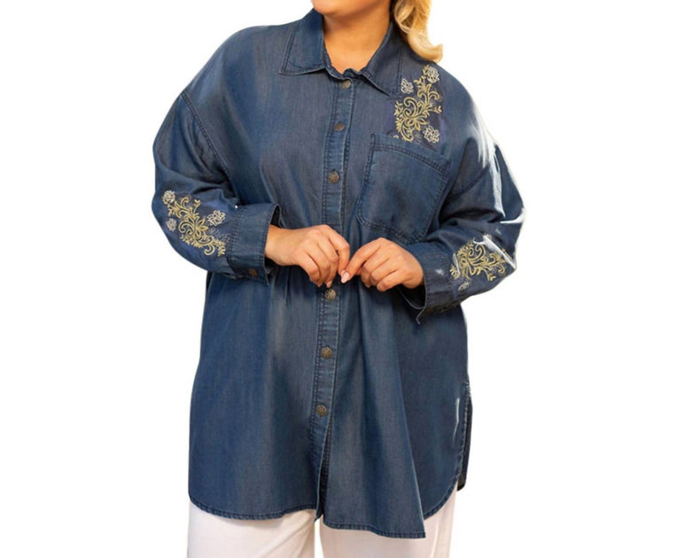 On The Plus Side Embroidered Long Sleeve Denim Shirt Blue 4X 2