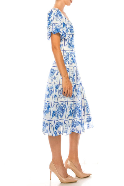 Maison Tara Square Floral A-Line Midi Dress Blue US 6 3