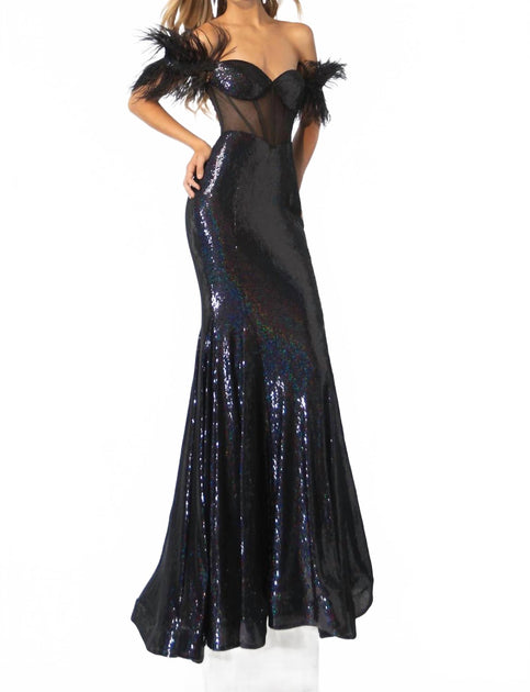 Ava Presley Off-the-Shoulder Gown Feather Accents Blue US 2 2