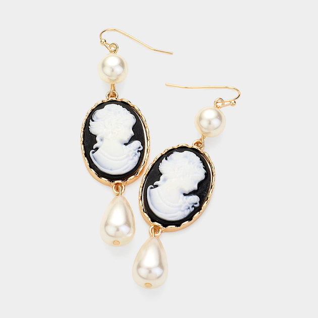 FASHNZFAB Pearl Pointed Cameo Dangle Earrings Black 3