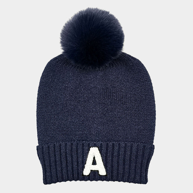 FASHNZFAB A Initial Faux Fur Pom Pom Knit Beanie Grey 2