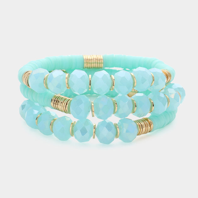 FASHNZFAB Faceted Heishi Beaded Layered Bracelet Mint Blue One Size 2