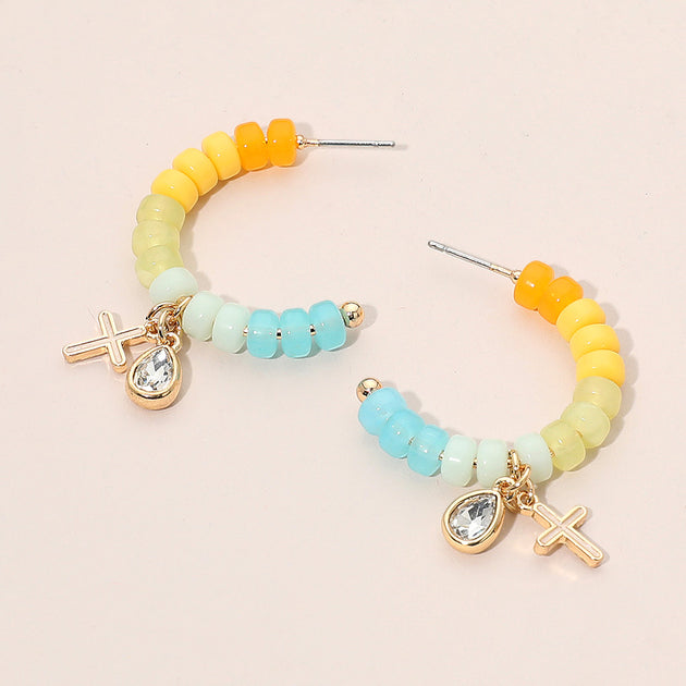FASHNZFAB Cross Stone Cluster Charm Beaded Open Hoop Earrings Blue 3