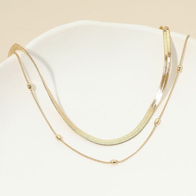 FASHNZFAB Layered Herringbone Station Necklace Gold One Size 2