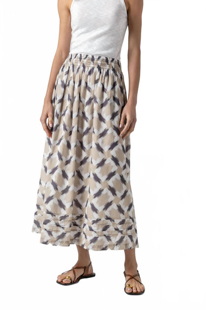 Lilla P Shirred Elastic Waist Midi Skirt Beige Small 4